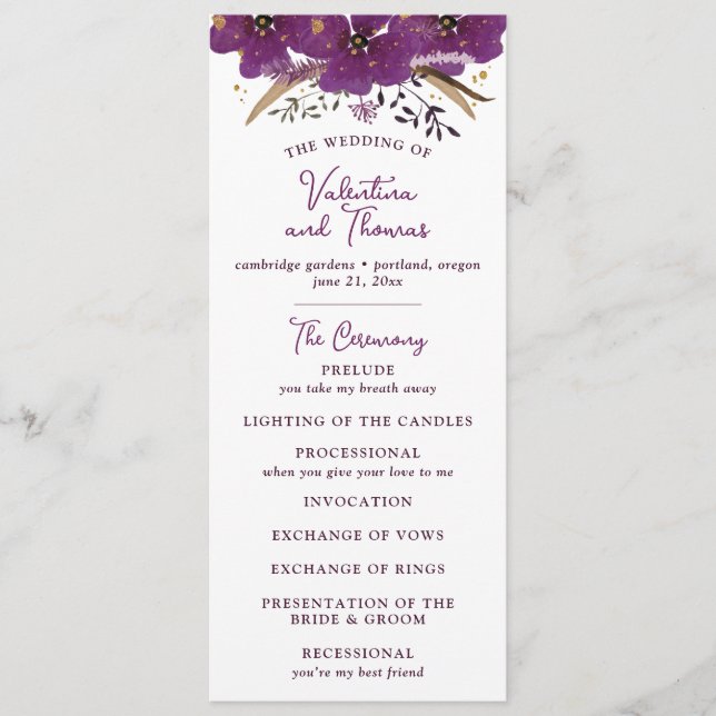 Vibrant Purple Flowers and Gold Glitter Wedding Program (Front)