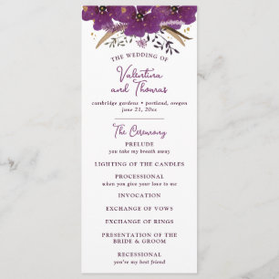 Vibrant Purple Flowers and Gold Glitter Wedding Program