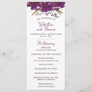 Vibrant Purple Flowers and Gold Glitter Wedding Program