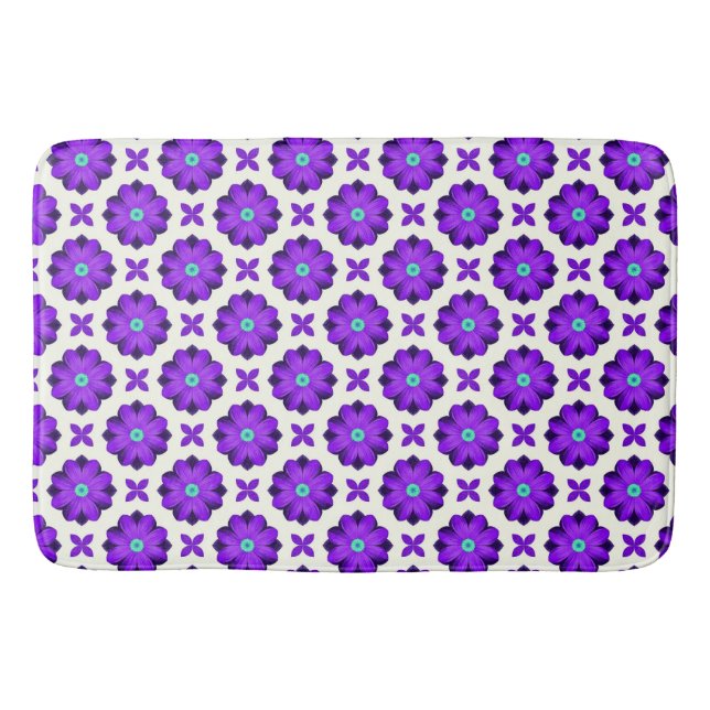  Vibrant Purple Flowers and Leaf Motifs Bath Mat (Front)