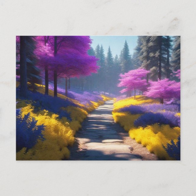 Vibrant Purple Forest Path in Sunlight Postcard (Front)