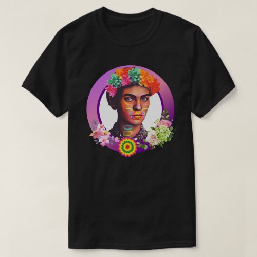 Vibrant Purple Frida Kahlo Portrait with Flowers T_Shirt