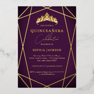 Vibrant Purple Geometric Gold Elegant Quinceanera Foil Invitation