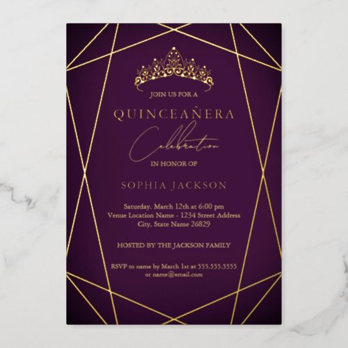 Vibrant Purple Geometric Gold Elegant Quinceanera Foil Invitation