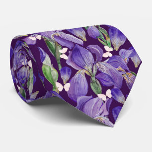 Vibrant Purple Iris Flowers and Butterflies Neck Tie
