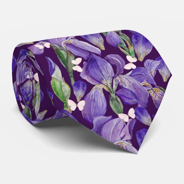 Vibrant Purple Iris Flowers and Butterflies   Neck Tie (Rolled)