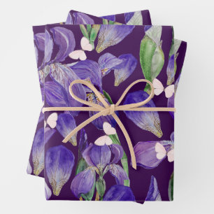 Vibrant Purple Iris Flowers and Butterflies Wrapping Paper Sheets