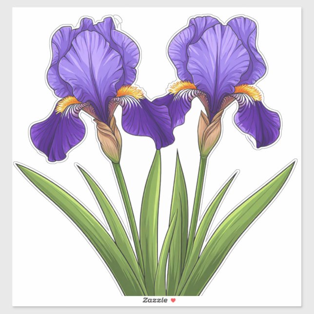 Vibrant Purple Iris Flowers With Green Leaves Sticker (Sheet)