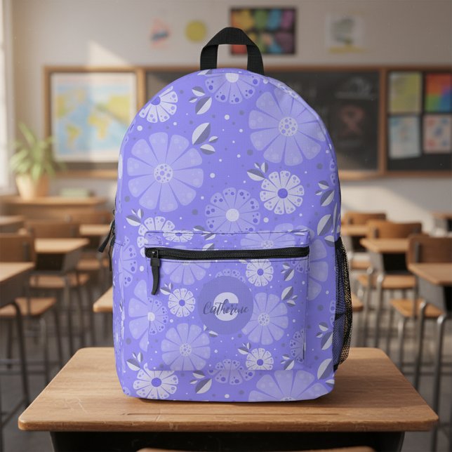 Vibrant Purple Lavender Folk Art Floral Pattern Printed Backpack (Creator Uploaded)