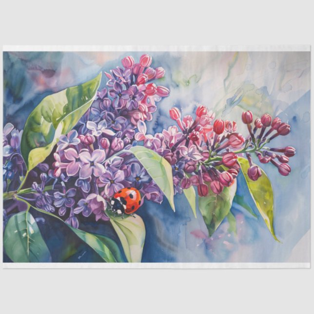 Vibrant Purple Lilac Flowers Ladybug Decoupage Tissue Paper (Front)