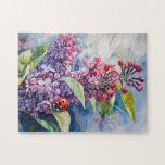Vibrant Purple Lilac Flowers Ladybug Jigsaw Puzzle<br><div class="desc">A vivid watercolor artwork showcasing a ladybug resting on bright lilac blossoms surrounded by greenery. The piece conveys a lively springtime feel and emphasizes the beauty of nature's intricate details.</div>
