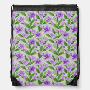 Vibrant Purple Lilies With Green Leaves Drawstring Bag
