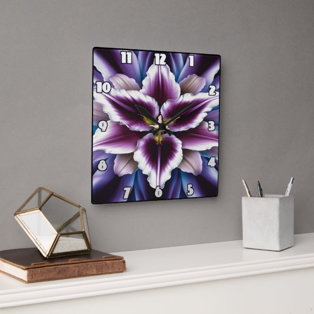 Vibrant Purple Lily on Dark Background Square Wall Clock (Office)