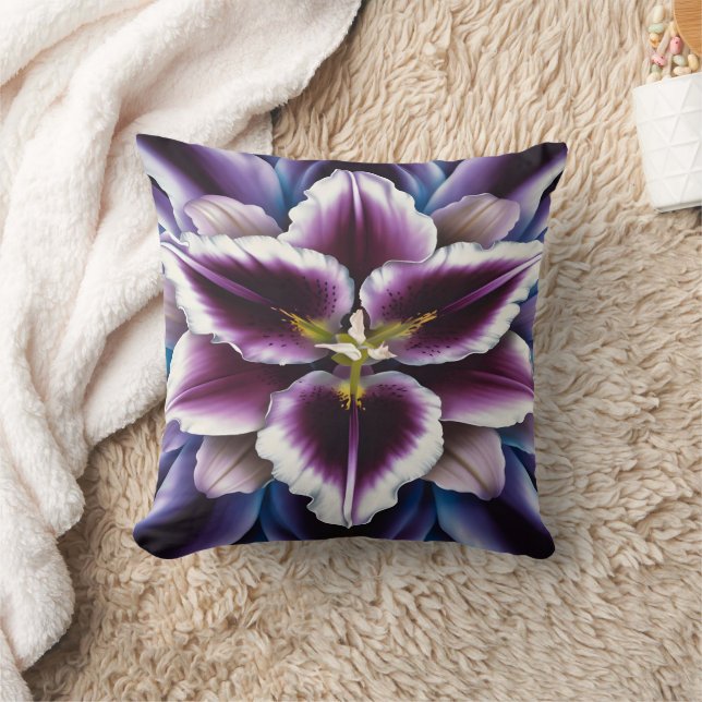 Vibrant Purple Lily on Dark Background Throw Pillow (Blanket)