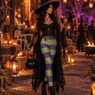 Vibrant Purple Lime Green Striped Halloween Witchy Leggings