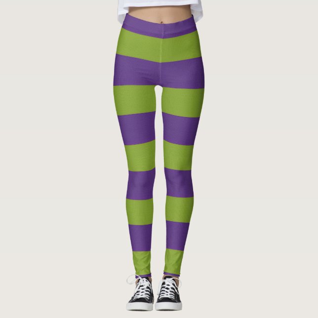 Vibrant Purple Lime Green Striped Halloween Witchy Leggings (Front)