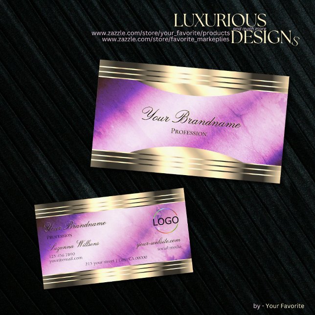 Vibrant Purple Marble Gold Borders and Logo Luxury Business Card (Creator Uploaded)