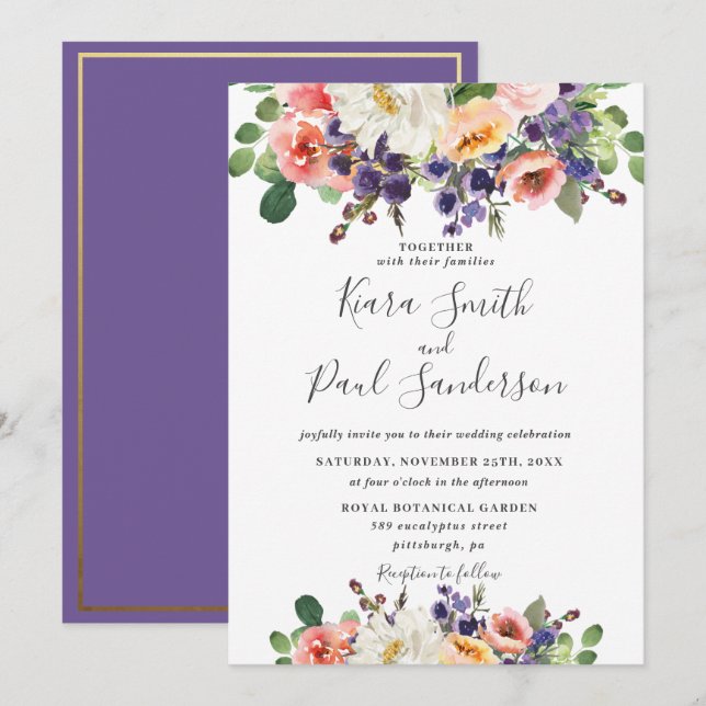 Vibrant Purple Orange Peach Blush Floral Wedding Invitation (Front/Back)