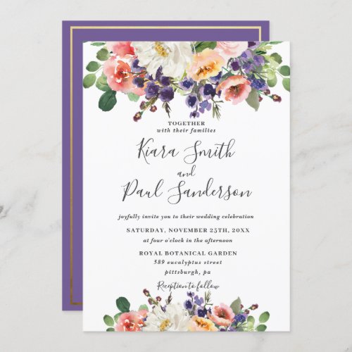 Vibrant Purple Orange Peach Blush Floral Wedding Invitation