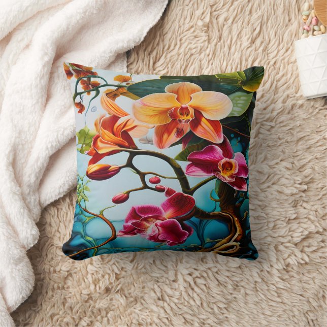 Vibrant Purple Orchids Against Colorful Background Throw Pillow (Blanket)