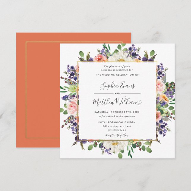 Vibrant Purple Peach Ivory Blush Floral Wedding Invitation (Front/Back)