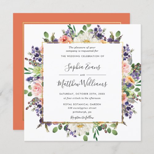 Vibrant Purple Peach Ivory Blush Floral Wedding Invitation