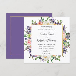 Vibrant Purple Peach White Blush Floral Wedding Invitation
