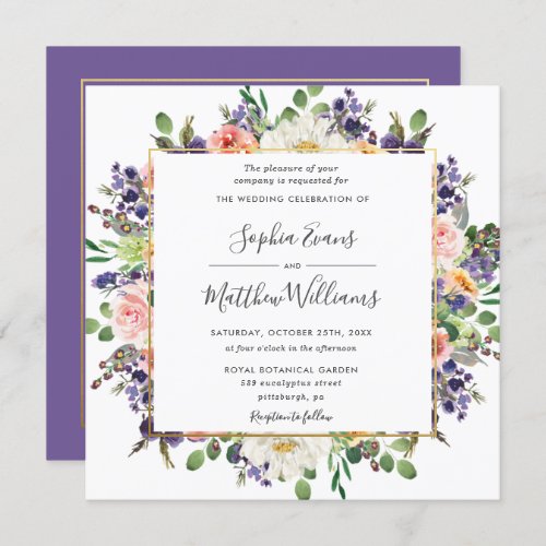 Vibrant Purple Peach White Blush Floral Wedding Invitation