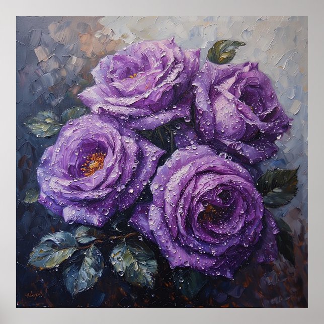 Vibrant Purple Roses with Dew Oil Painting Poster (Front)