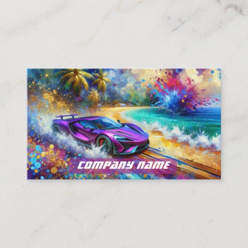 Vibrant Purple Sportscar on a Tropical Beach Business Card
