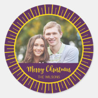 Vibrant Purple Starburst Merry Christmas Photo Classic Round Sticker