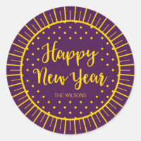 Vibrant Purple Starburst Script Happy New Year Classic Round Sticker