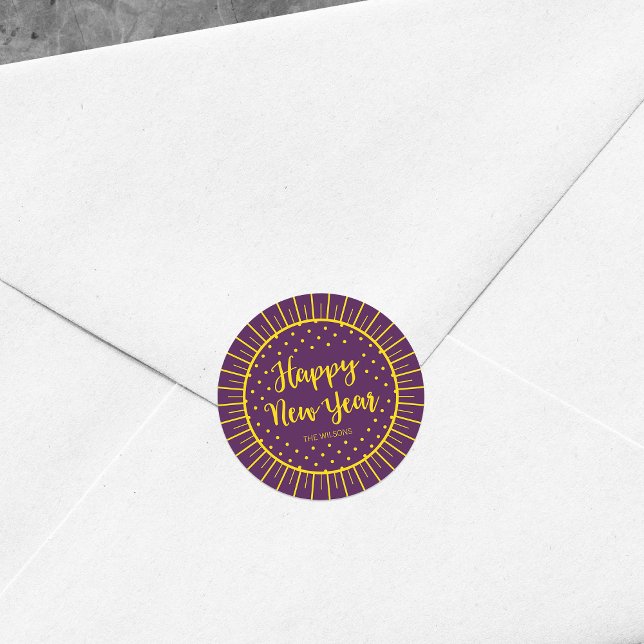 Vibrant Purple Starburst Script Happy New Year Classic Round Sticker (Creator Uploaded)