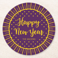 Vibrant Purple Starburst Script Happy New Year Round Paper Coaster