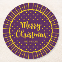 Vibrant Purple Starburst Script Merry Christmas Round Paper Coaster