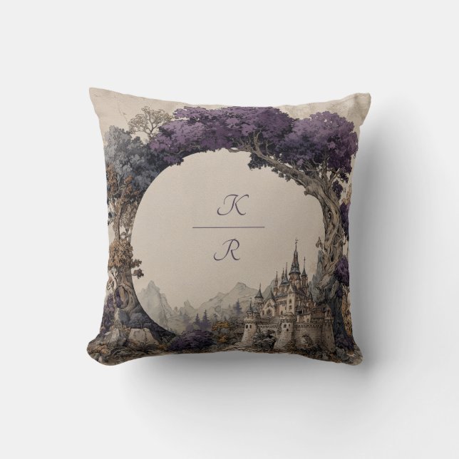Vibrant Purple Tree Archway Castle Whimsical Throw Pillow (Front)