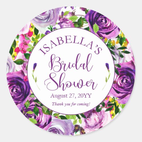 Vibrant Purple Watercolor Bouquet Bridal Shower  Classic Round Sticker