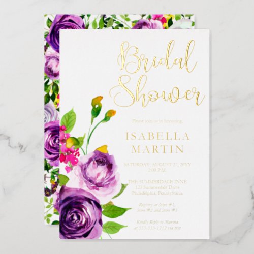 Vibrant Purple Watercolor Bouquet Bridal Shower Foil Invitation