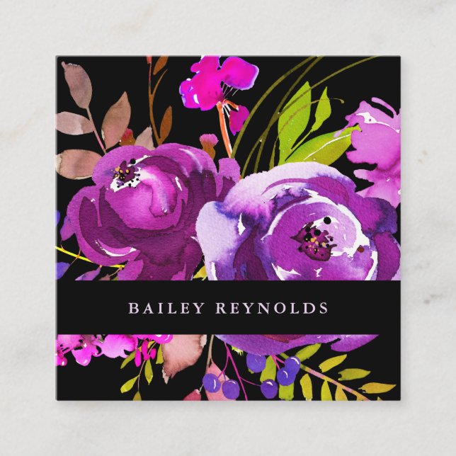 Vibrant Purple Watercolor Flowers on Black Square Business Card (Front)