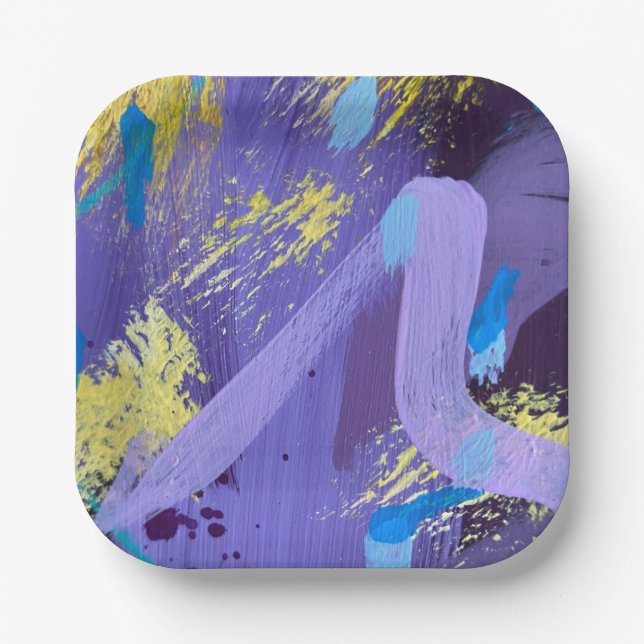 Vibrant Purple, Yellow, and Blue Abstract Art Paper Plates (Front)