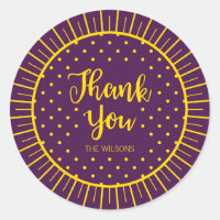 Vibrant Purple Yellow Starburst Script Thank You Classic Round Sticker