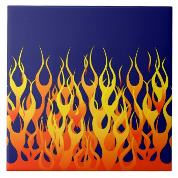 Vibrant Racing Flames On Navy Blue Ceramic Tile by MustacheShoppe at Zazzle