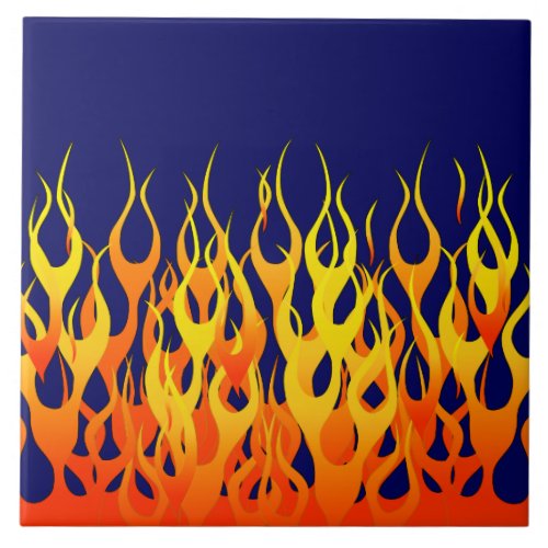 Vibrant Racing Flames on Navy Blue Ceramic Tile