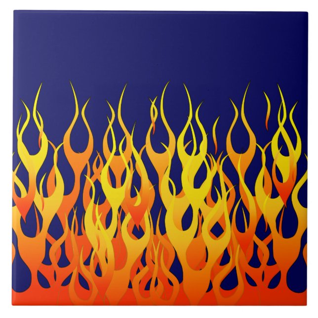 Vibrant Racing Flames on Navy Blue Ceramic Tile (Front)