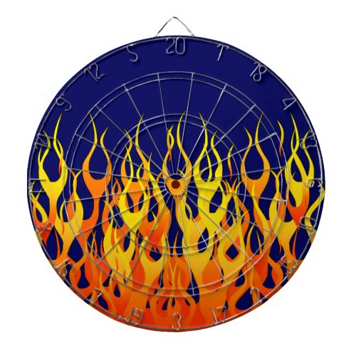 Vibrant Racing Flames on Navy Blue Dartboard