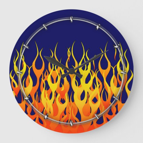 Vibrant Racing Flames on Navy Blue Large Clock