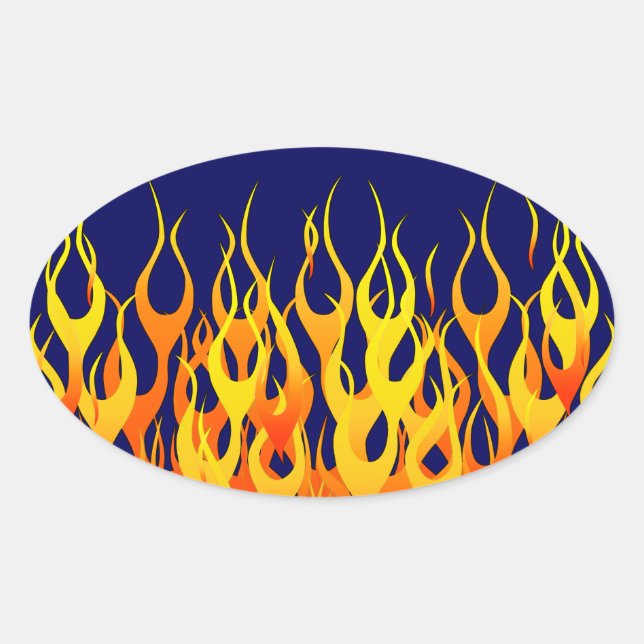 Vibrant Racing Flames on Navy Blue Oval Sticker (Front)