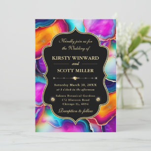 Vibrant Rainbow Agate with Gold Accents Wedding Invitation
