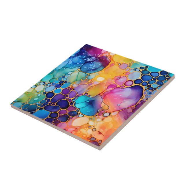 Vibrant Rainbow Alcohol Ink Ceramic Tile (Side)