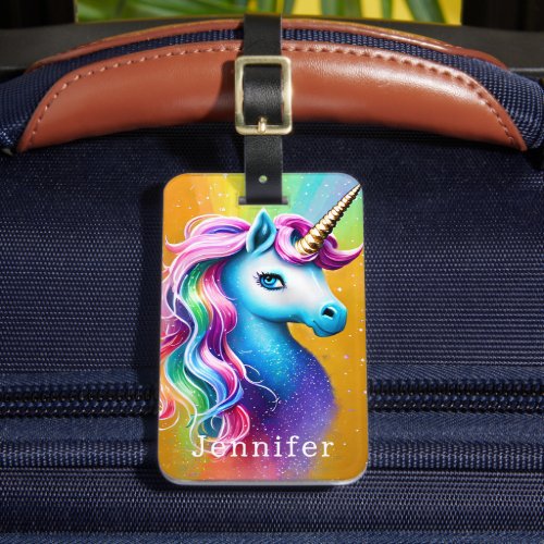 Vibrant Rainbow and Faux Glitter Unicorn Luggage Tag